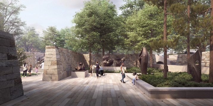 Rendered view of the newly renovated Hirshhorn Sculpture Garden, showing Henry Moore and Barbara Hepworth sculptures surrounded by newly built stacked stone walls and stone benches.