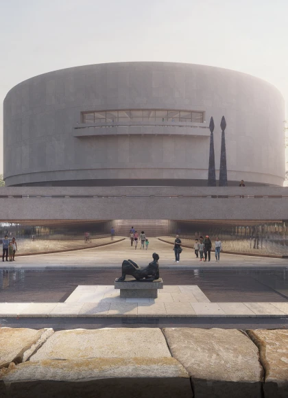Rendered view of the newly renovated Hirshhorn Sculpture Garden, with focus on the central water feature and the museum building in the background.