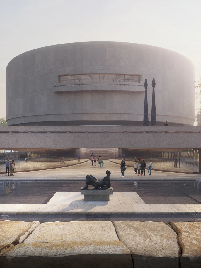 Rendered view of the newly renovated Hirshhorn Sculpture Garden, with focus on the central water feature and the museum building in the background.
