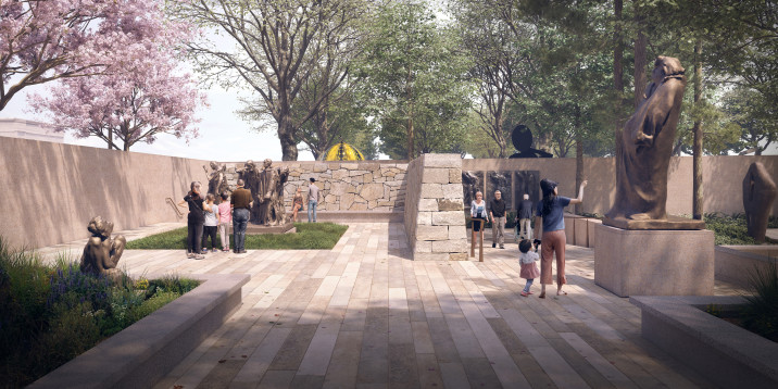 Rendered view of the newly renovated Hirshhorn Sculpture Garden, showing Rodin sculptures surrounded by newly built stacked stone and concrete walls.