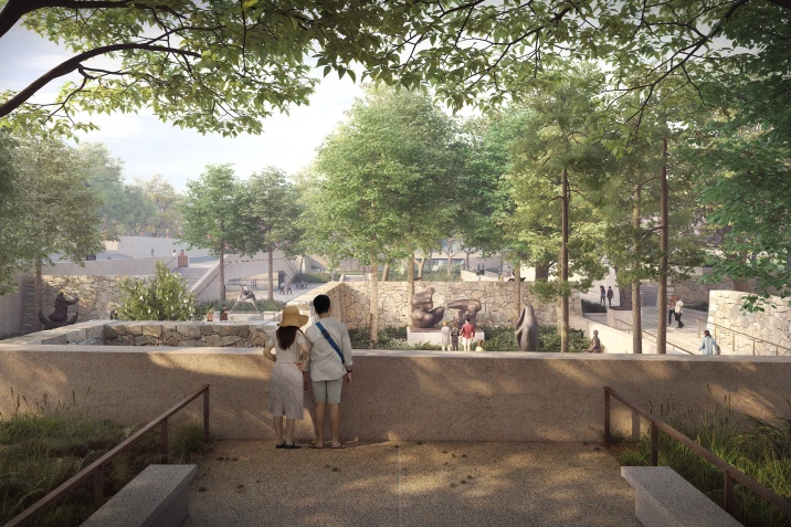 Rendered view of the newly renovated Hirshhorn Sculpture Garden, from one of the 2 overlooks accessible from public streets.