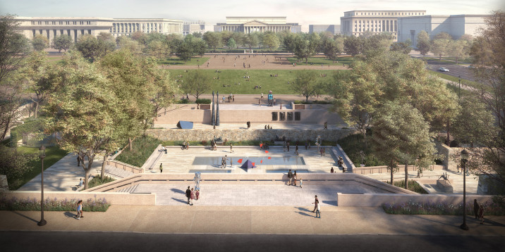 Rendering of the newly renovated Hirshhorn Sculpture Garden, with focus on the central water feature and surrounding landscape.