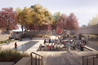 Rendered view of the newly renovated Hirshhorn Sculpture Garden, showing the central water feature without water and used as an amphitheater for performances.
