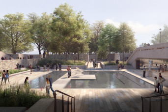 Rendered view of the newly renovated Hirshhorn Sculpture Garden, showing the central water feature surrounded by sculptures.
