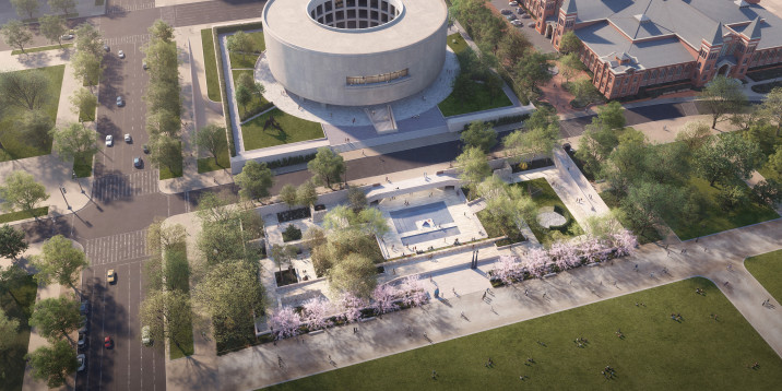 Aerial view rendering looking down on the newly renovated Hirshhorn Sculptrue Garden, with the museum building in the background.