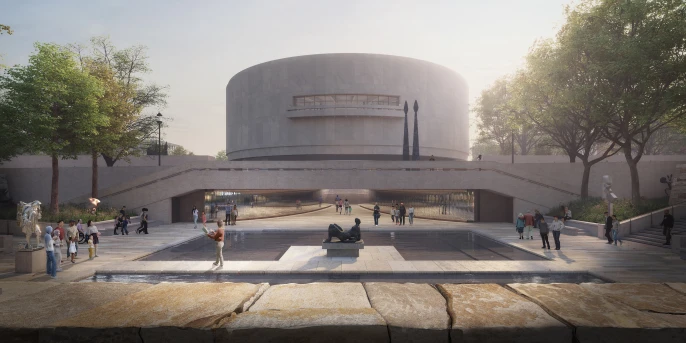 Rendered view of the newly renovated Hirshhorn Sculpture Garden, with focus on the central water feature and the museum building in the background.