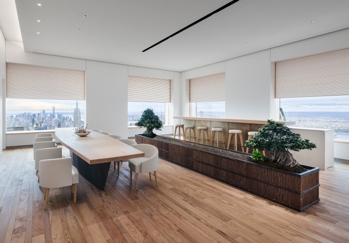 View of living room with custom-made furniture, bonsai tree planter, sushi bar and operable wooden screens in front of windows which look out over Midtown Manhattan.