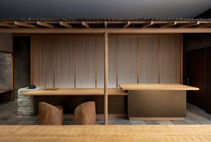 View of customer counter with tea warming hearth at 45R's new clothing store in Soho, New York.